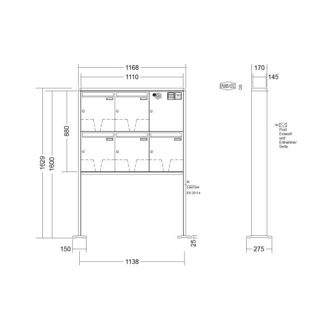Briefkastenanlage freistehend Renz RS 2000 1-6 fach, Sprech - Klingel: mit Sprech Klingel, Montageart: zum Aufschrauben, Kastengröße: 370 x 440 x 145mm ( 23 Liter ), Teilnehmer: 5 Teilnehmer, Anlagenfarbe: Standard Farben