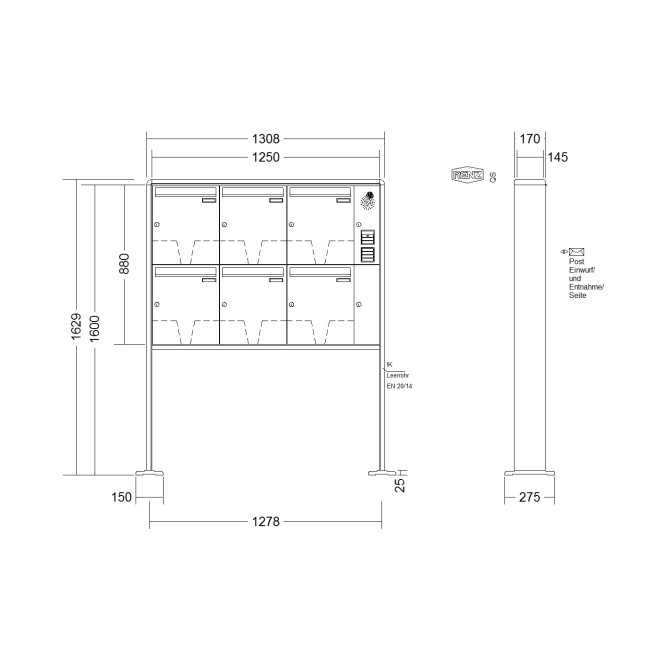 Briefkastenanlage freistehend Renz RS 2000 1-6 fach, Sprech - Klingel: mit Sprech Klingel, Montageart: zum Aufschrauben, Kastengröße: 370 x 440 x 145mm ( 23 Liter ), Teilnehmer: 6 Teilnehmer, Anlagenfarbe: Standard Farben