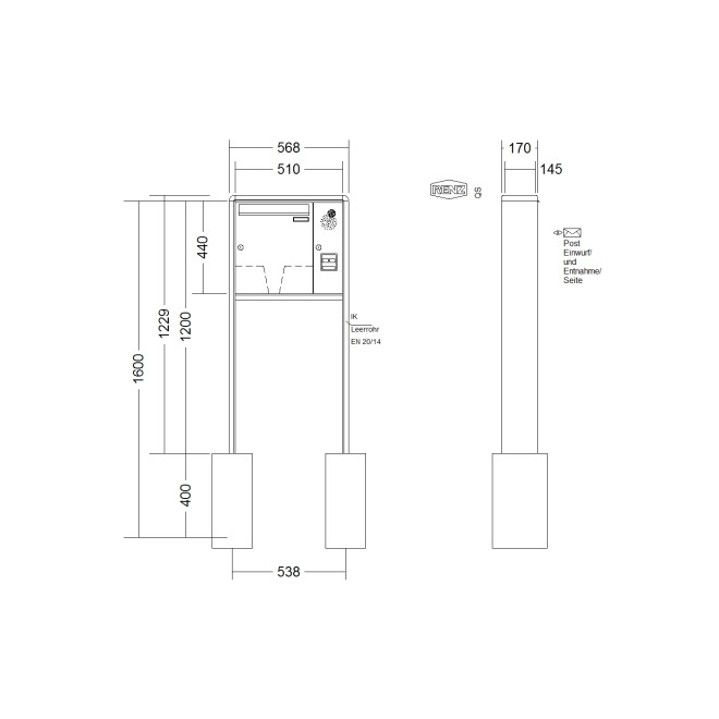 Briefkastenanlage freistehend Renz RS 2000 1-6 fach, Sprech - Klingel: mit Sprech Klingel, Montageart: zum Einbetonieren, Kastengröße: 370 x 440 x 145mm ( 23 Liter ), Teilnehmer: 1 Teilnehmer, Anlagenfarbe: Standard Farben