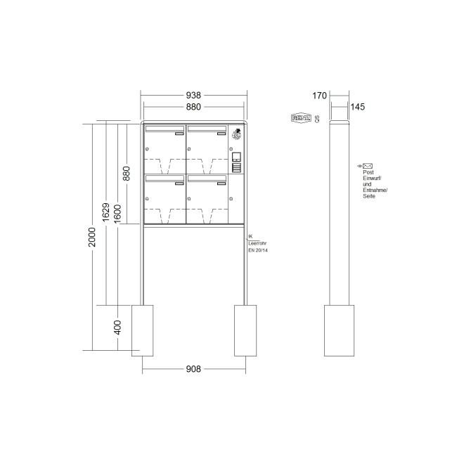 Briefkastenanlage freistehend Renz RS 2000 1-6 fach, Sprech - Klingel: mit Sprech Klingel, Montageart: zum Einbetonieren, Kastengröße: 370 x 440 x 145mm ( 23 Liter ), Teilnehmer: 4 Teilnehmer, Anlagenfarbe: Standard Farben