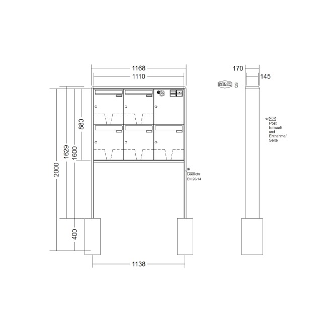 Briefkastenanlage freistehend Renz RS 2000 1-6 fach, Sprech - Klingel: mit Sprech Klingel, Montageart: zum Einbetonieren, Kastengröße: 370 x 440 x 145mm ( 23 Liter ), Teilnehmer: 5 Teilnehmer, Anlagenfarbe: Standard Farben