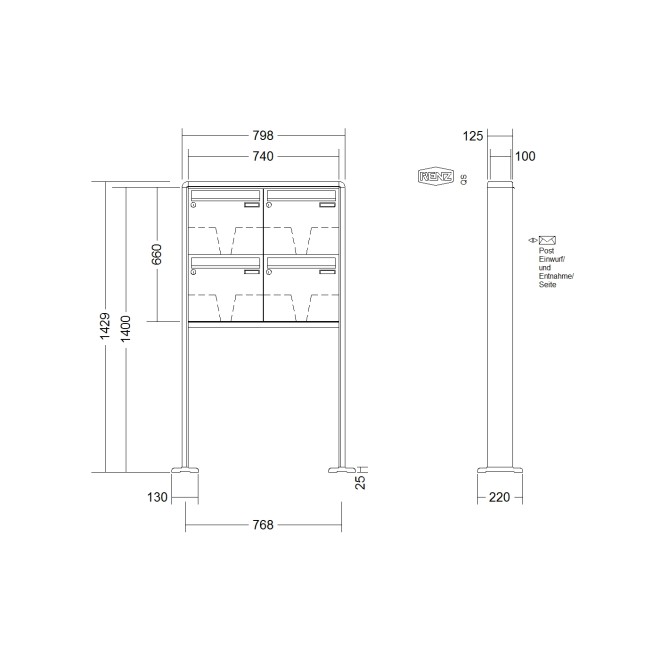Briefkastenanlage freistehend Renz RS 2000 1-6 fach, Sprech - Klingel: ohne Sprech - Klingel, Montageart: zum Aufschrauben, Kastengröße: 370 x 330 x 100mm ( 12 Liter ), Teilnehmer: 4 Teilnehmer, Anlagenfarbe: Standard Farben