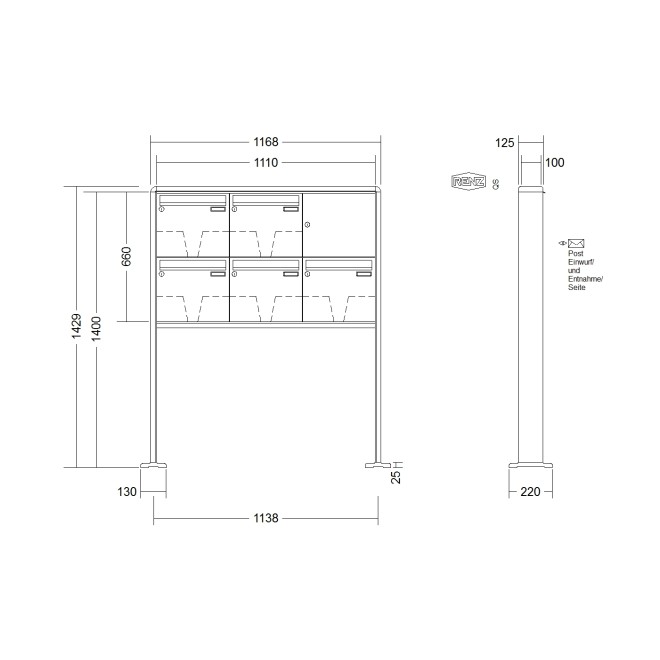 Briefkastenanlage freistehend Renz RS 2000 1-6 fach, Sprech - Klingel: ohne Sprech - Klingel, Montageart: zum Aufschrauben, Kastengröße: 370 x 330 x 100mm ( 12 Liter ), Teilnehmer: 5 Teilnehmer, Anlagenfarbe: Standard Farben
