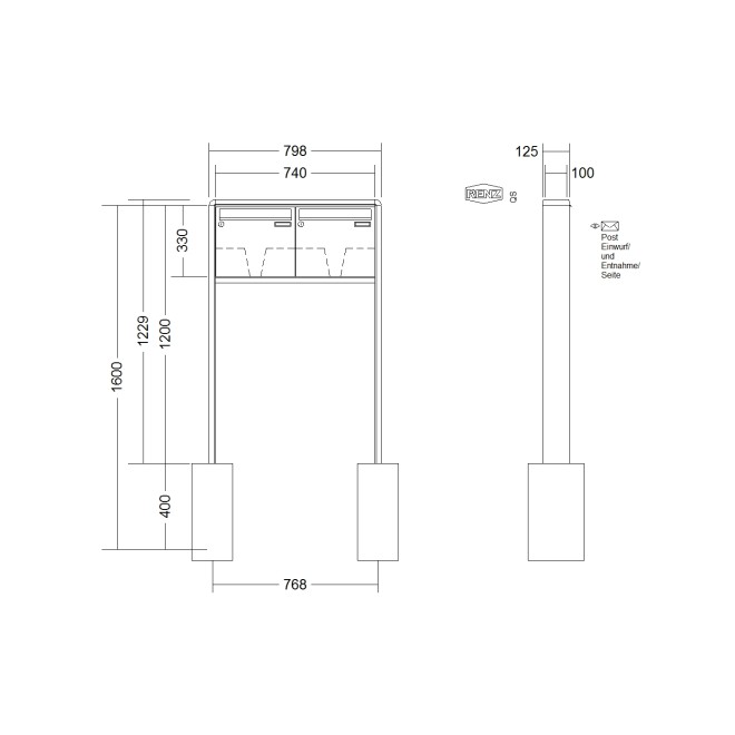 Briefkastenanlage freistehend Renz RS 2000 1-6 fach, Sprech - Klingel: ohne Sprech - Klingel, Montageart: zum Einbetonieren, Kastengröße: 370 x 330 x 100mm ( 12 Liter ), Teilnehmer: 2 Teilnehmer, Anlagenfarbe: Standard Farben