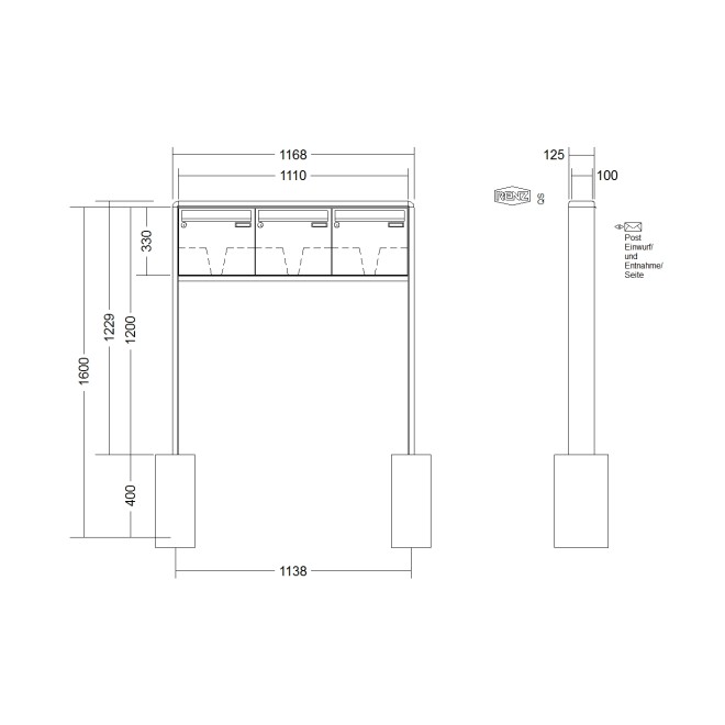 Briefkastenanlage freistehend Renz RS 2000 1-6 fach, Sprech - Klingel: ohne Sprech - Klingel, Montageart: zum Einbetonieren, Kastengröße: 370 x 330 x 100mm ( 12 Liter ), Teilnehmer: 3 Teilnehmer, Anlagenfarbe: Standard Farben