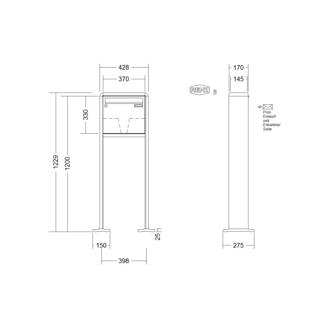 Briefkastenanlage freistehend Renz RS 2000 1-6 fach, Sprech - Klingel: ohne Sprech - Klingel, Montageart: zum Aufschrauben, Kastengröße: 370 x 330 x 145mm ( 17 Liter ), Teilnehmer: 1 Teilnehmer, Anlagenfarbe: Standard Farben