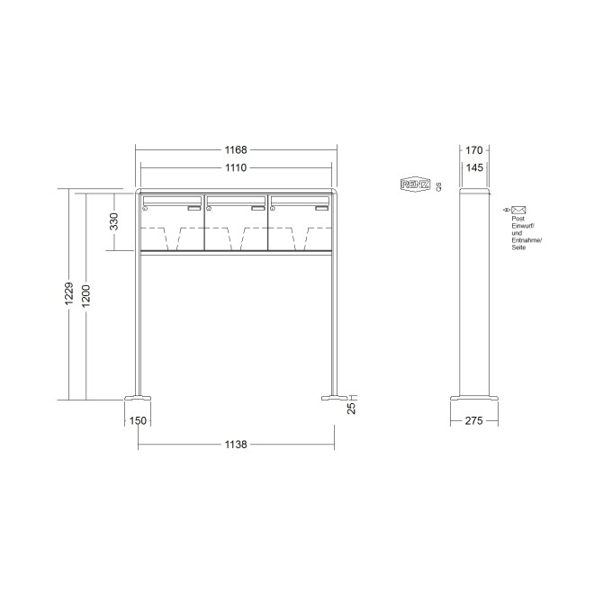 Briefkastenanlage freistehend Renz RS 2000 1-6 fach, Sprech - Klingel: ohne Sprech - Klingel, Montageart: zum Aufschrauben, Kastengröße: 370 x 330 x 145mm ( 17 Liter ), Teilnehmer: 3 Teilnehmer, Anlagenfarbe: Standard Farben
