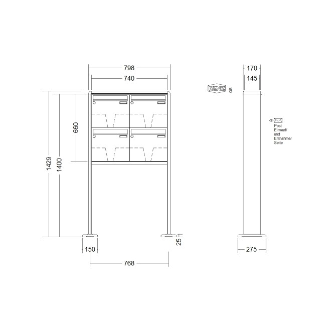 Briefkastenanlage freistehend Renz RS 2000 1-6 fach, Sprech - Klingel: ohne Sprech - Klingel, Montageart: zum Aufschrauben, Kastengröße: 370 x 330 x 145mm ( 17 Liter ), Teilnehmer: 4 Teilnehmer, Anlagenfarbe: Standard Farben