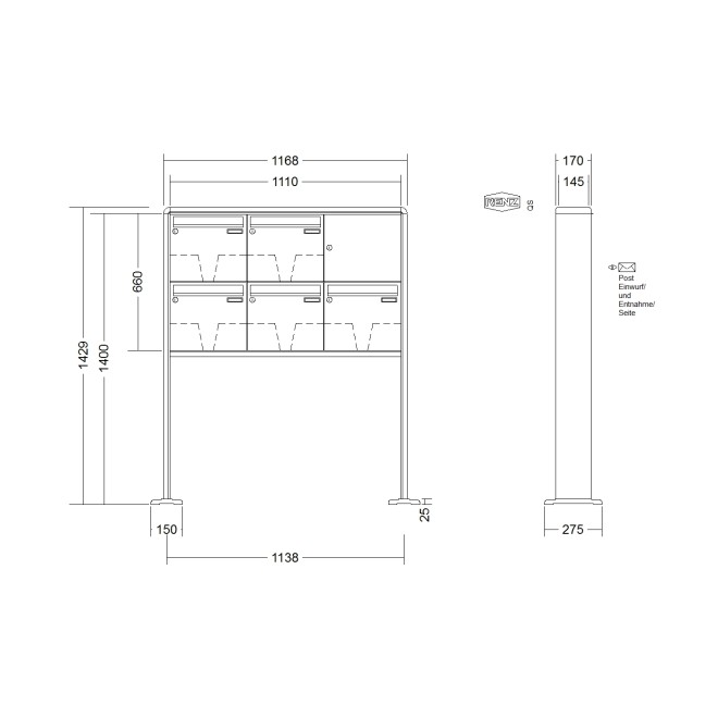 Briefkastenanlage freistehend Renz RS 2000 1-6 fach, Sprech - Klingel: ohne Sprech - Klingel, Montageart: zum Aufschrauben, Kastengröße: 370 x 330 x 145mm ( 17 Liter ), Teilnehmer: 5 Teilnehmer, Anlagenfarbe: Standard Farben