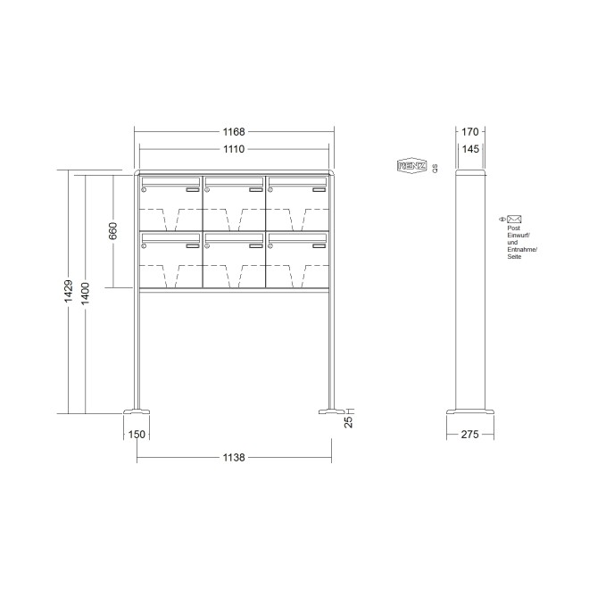 Briefkastenanlage freistehend Renz RS 2000 1-6 fach, Sprech - Klingel: ohne Sprech - Klingel, Montageart: zum Aufschrauben, Kastengröße: 370 x 330 x 145mm ( 17 Liter ), Teilnehmer: 6 Teilnehmer, Anlagenfarbe: Standard Farben
