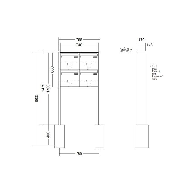 Briefkastenanlage freistehend Renz RS 2000 1-6 fach, Sprech - Klingel: ohne Sprech - Klingel, Montageart: zum Einbetonieren, Kastengröße: 370 x 330 x 145mm ( 17 Liter ), Teilnehmer: 4 Teilnehmer, Anlagenfarbe: Standard Farben