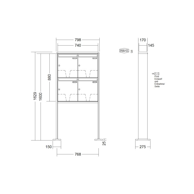 Briefkastenanlage freistehend Renz RS 2000 1-6 fach, Sprech - Klingel: ohne Sprech - Klingel, Montageart: zum Aufschrauben, Kastengröße: 370 x 440 x 145mm ( 23 Liter ), Teilnehmer: 4 Teilnehmer, Anlagenfarbe: Standard Farben
