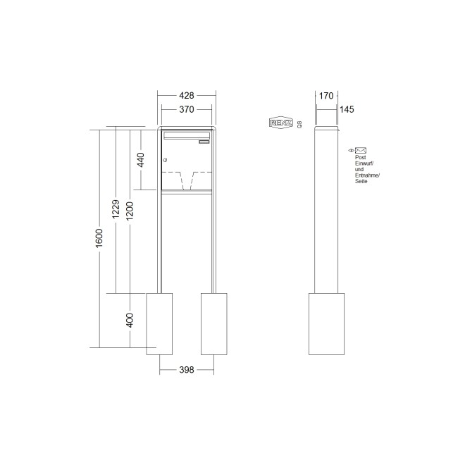 Briefkastenanlage freistehend Renz RS 2000 1-6 fach, Sprech - Klingel: ohne Sprech - Klingel, Montageart: zum Einbetonieren, Kastengröße: 370 x 440 x 145mm ( 23 Liter ), Teilnehmer: 1 Teilnehmer, Anlagenfarbe: Standard Farben