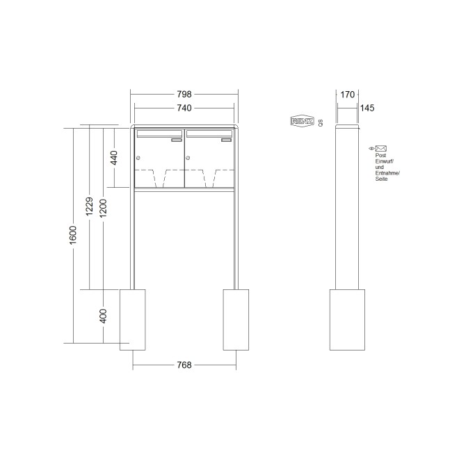 Briefkastenanlage freistehend Renz RS 2000 1-6 fach, Sprech - Klingel: ohne Sprech - Klingel, Montageart: zum Einbetonieren, Kastengröße: 370 x 440 x 145mm ( 23 Liter ), Teilnehmer: 2 Teilnehmer, Anlagenfarbe: Standard Farben