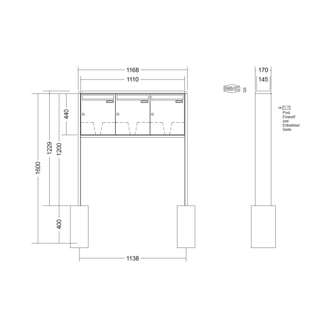 Briefkastenanlage freistehend Renz RS 2000 1-6 fach, Sprech - Klingel: ohne Sprech - Klingel, Montageart: zum Einbetonieren, Kastengröße: 370 x 440 x 145mm ( 23 Liter ), Teilnehmer: 3 Teilnehmer, Anlagenfarbe: Standard Farben