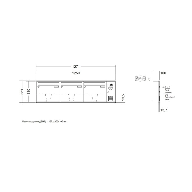 Briefkastenanlage Unterputz Renz Schattenfuge 1-6 fach, Sprech - Klingel: mit Sprech Klingel, Kastengröße: 370 x 330 x 100mm ( 12 Liter ), Teilnehmer: 3 Teilnehmer, Anlagenfarbe: Standard Farben