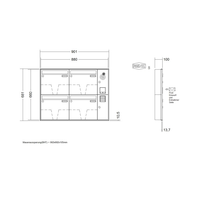Briefkastenanlage Unterputz Renz Schattenfuge 1-6 fach, Sprech - Klingel: mit Sprech Klingel, Kastengröße: 370 x 330 x 100mm ( 12 Liter ), Teilnehmer: 4 Teilnehmer, Anlagenfarbe: Standard Farben