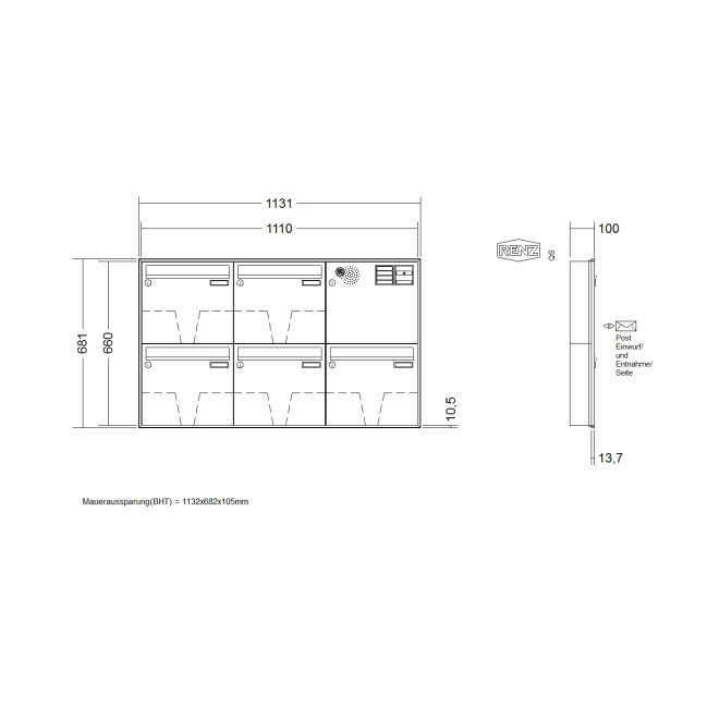 Briefkastenanlage Unterputz Renz Schattenfuge 1-6 fach, Sprech - Klingel: mit Sprech Klingel, Kastengröße: 370 x 330 x 100mm ( 12 Liter ), Teilnehmer: 5 Teilnehmer, Anlagenfarbe: Standard Farben