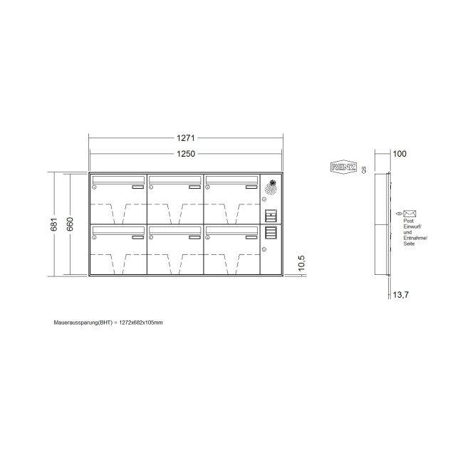 Briefkastenanlage Unterputz Renz Schattenfuge 1-6 fach, Sprech - Klingel: mit Sprech Klingel, Kastengröße: 370 x 330 x 100mm ( 12 Liter ), Teilnehmer: 6 Teilnehmer, Anlagenfarbe: Standard Farben