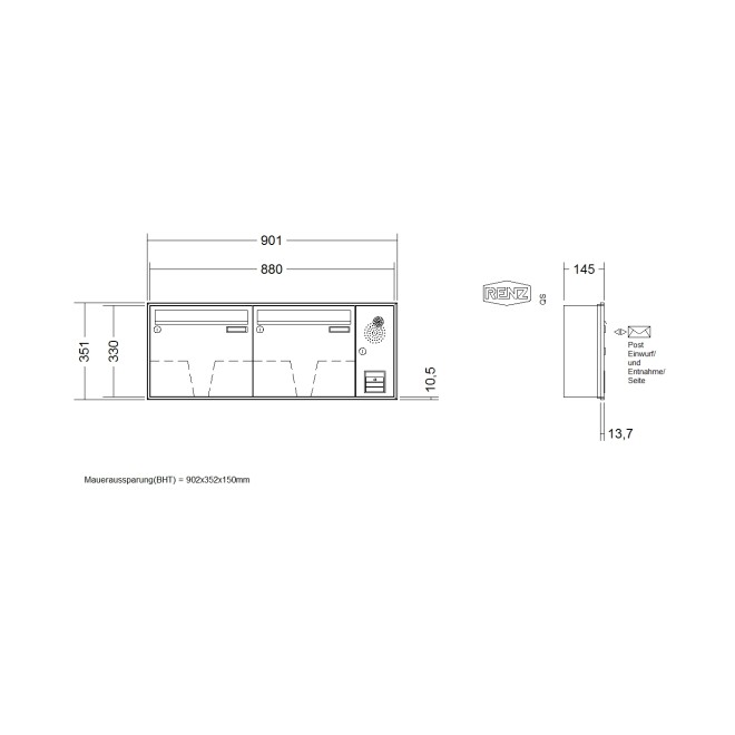 Briefkastenanlage Unterputz Renz Schattenfuge 1-6 fach, Sprech - Klingel: mit Sprech Klingel, Kastengröße: 370 x 330 x 145mm ( 17 Liter ), Teilnehmer: 2 Teilnehmer, Anlagenfarbe: Standard Farben
