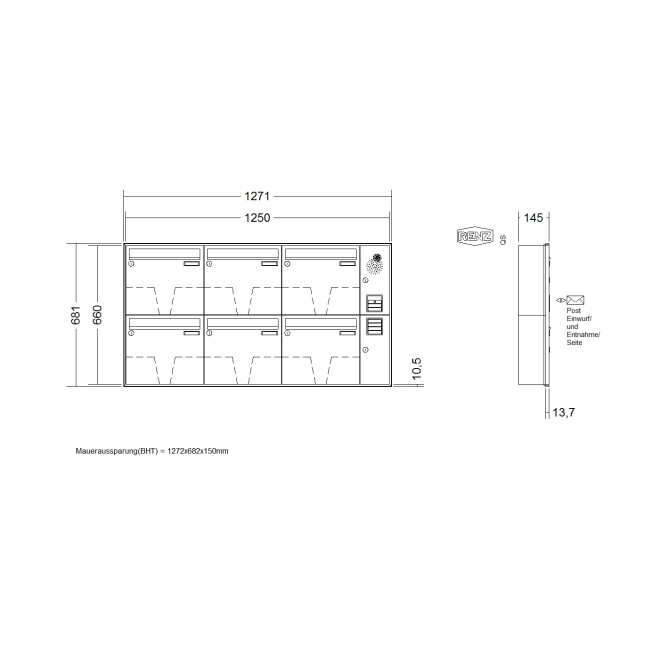 Briefkastenanlage Unterputz Renz Schattenfuge 1-6 fach, Sprech - Klingel: mit Sprech Klingel, Kastengröße: 370 x 330 x 145mm ( 17 Liter ), Teilnehmer: 6 Teilnehmer, Anlagenfarbe: Standard Farben