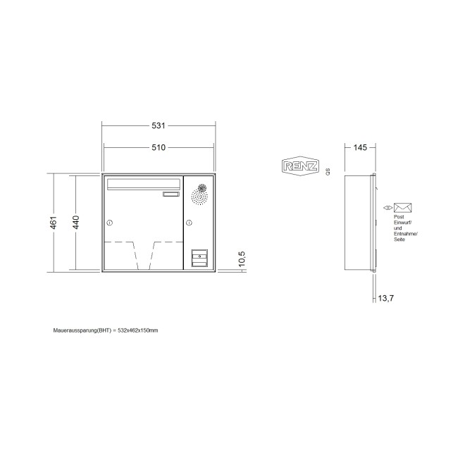 Briefkastenanlage Unterputz Renz Schattenfuge 1-6 fach, Sprech - Klingel: mit Sprech Klingel, Kastengröße: 370 x 440 x 145mm ( 23 Liter ), Teilnehmer: 1 Teilnehmer, Anlagenfarbe: Standard Farben