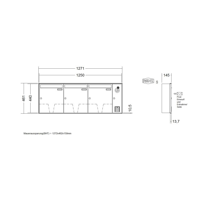 Briefkastenanlage Unterputz Renz Schattenfuge 1-6 fach, Sprech - Klingel: mit Sprech Klingel, Kastengröße: 370 x 440 x 145mm ( 23 Liter ), Teilnehmer: 3 Teilnehmer, Anlagenfarbe: Standard Farben