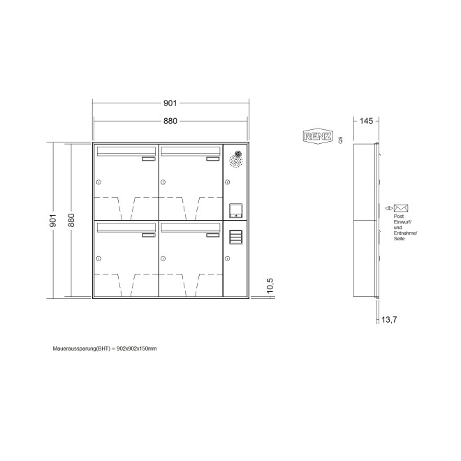 Briefkastenanlage Unterputz Renz Schattenfuge 1-6 fach, Sprech - Klingel: mit Sprech Klingel, Kastengröße: 370 x 440 x 145mm ( 23 Liter ), Teilnehmer: 4 Teilnehmer, Anlagenfarbe: Standard Farben