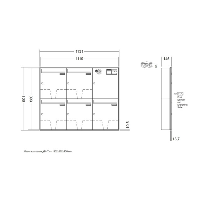 Briefkastenanlage Unterputz Renz Schattenfuge 1-6 fach, Sprech - Klingel: mit Sprech Klingel, Kastengröße: 370 x 440 x 145mm ( 23 Liter ), Teilnehmer: 5 Teilnehmer, Anlagenfarbe: Standard Farben