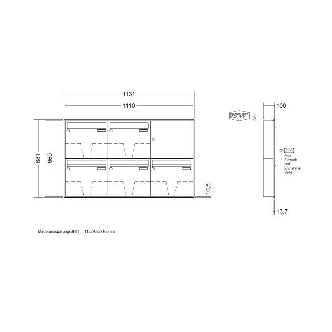 Briefkastenanlage Unterputz Renz Schattenfuge 1-6 fach, Sprech - Klingel: ohne Sprech - Klingel, Kastengröße: 370 x 330 x 100mm ( 12 Liter ), Teilnehmer: 5 Teilnehmer, Anlagenfarbe: Standard Farben