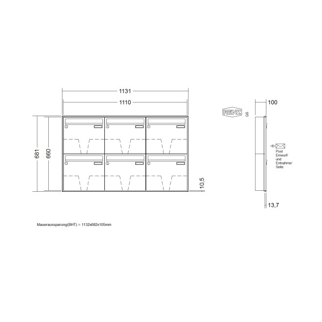 Briefkastenanlage Unterputz Renz Schattenfuge 1-6 fach, Sprech - Klingel: ohne Sprech - Klingel, Kastengröße: 370 x 330 x 100mm ( 12 Liter ), Teilnehmer: 6 Teilnehmer, Anlagenfarbe: Standard Farben