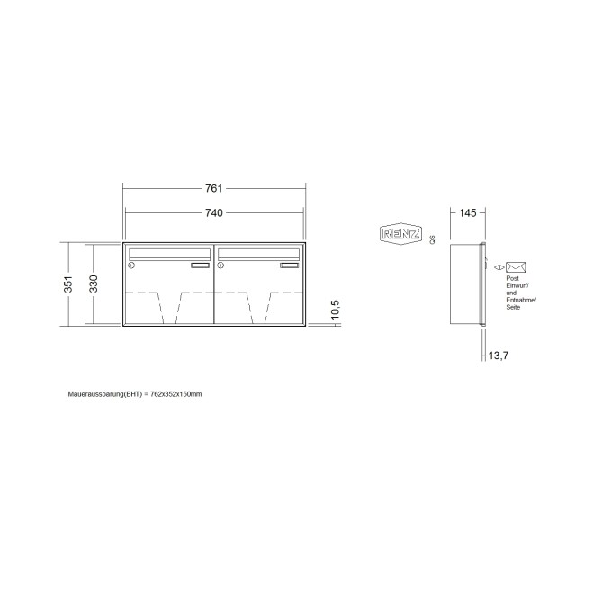 Briefkastenanlage Unterputz Renz Schattenfuge 1-6 fach, Sprech - Klingel: ohne Sprech - Klingel, Kastengröße: 370 x 330 x 145mm ( 17 Liter ), Teilnehmer: 2 Teilnehmer, Anlagenfarbe: Standard Farben
