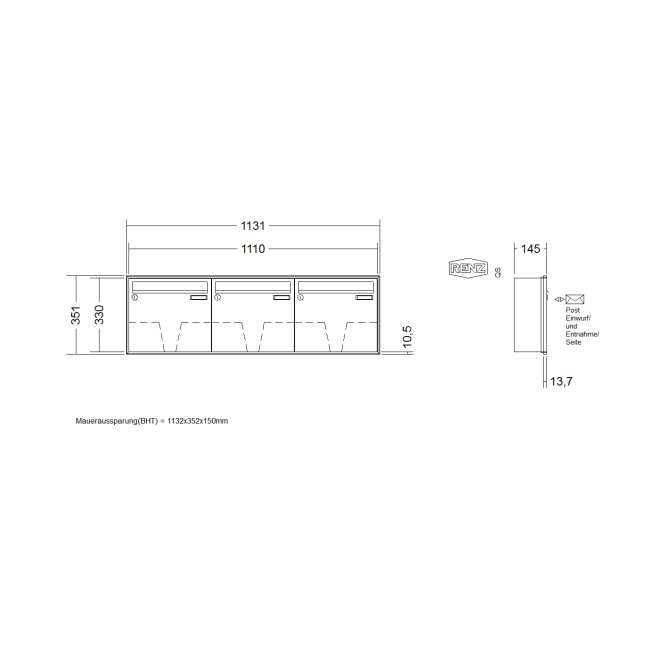 Briefkastenanlage Unterputz Renz Schattenfuge 1-6 fach, Sprech - Klingel: ohne Sprech - Klingel, Kastengröße: 370 x 330 x 145mm ( 17 Liter ), Teilnehmer: 3 Teilnehmer, Anlagenfarbe: Standard Farben