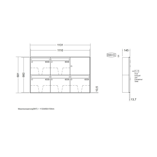 Briefkastenanlage Unterputz Renz Schattenfuge 1-6 fach, Sprech - Klingel: ohne Sprech - Klingel, Kastengröße: 370 x 330 x 145mm ( 17 Liter ), Teilnehmer: 5 Teilnehmer, Anlagenfarbe: Standard Farben