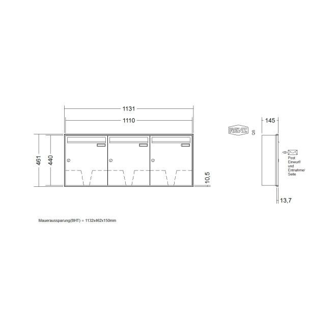 Briefkastenanlage Unterputz Renz Schattenfuge 1-6 fach, Sprech - Klingel: ohne Sprech - Klingel, Kastengröße: 370 x 440 x 145mm ( 23 Liter ), Teilnehmer: 3 Teilnehmer, Anlagenfarbe: Standard Farben