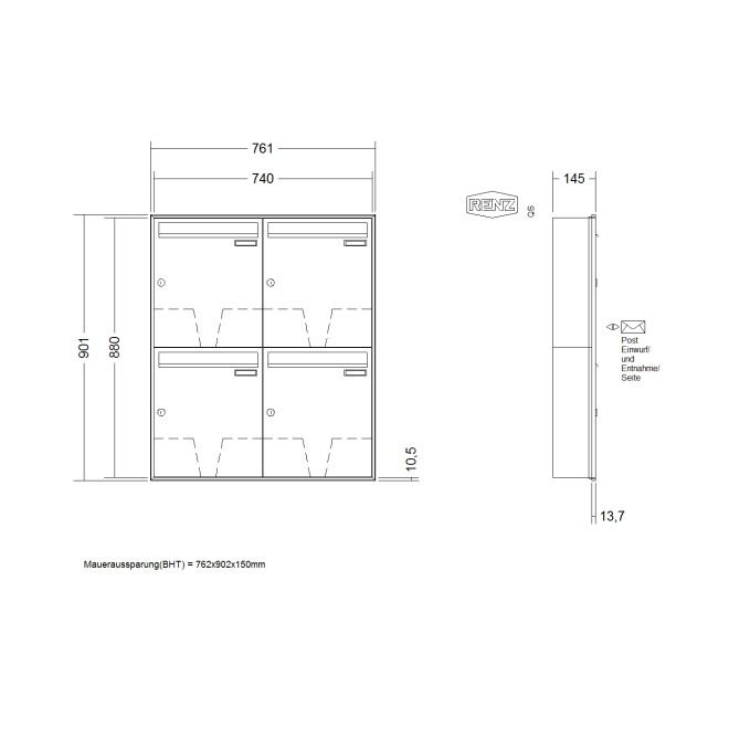 Briefkastenanlage Unterputz Renz Schattenfuge 1-6 fach, Sprech - Klingel: ohne Sprech - Klingel, Kastengröße: 370 x 440 x 145mm ( 23 Liter ), Teilnehmer: 4 Teilnehmer, Anlagenfarbe: Standard Farben