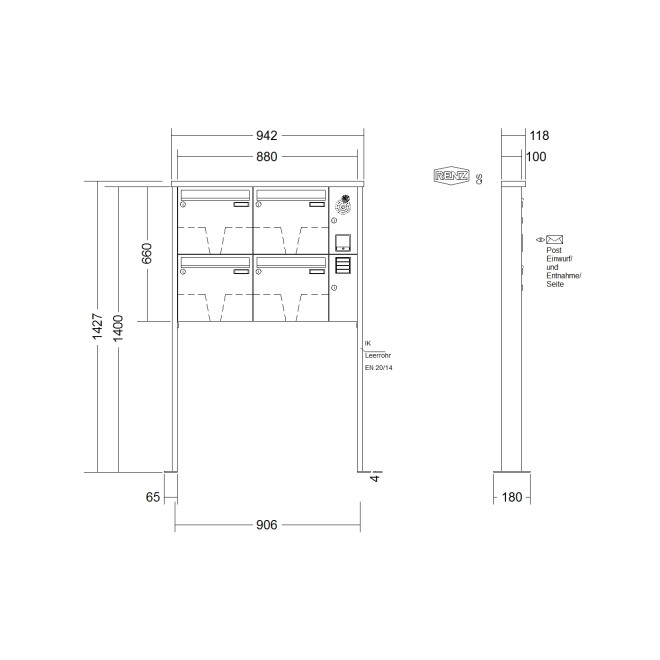 Briefkastenanlage freistehend Renz Tetro 1-6 fach, Sprech - Klingel: mit Sprech Klingel, Montageart: zum Aufschrauben, Kastengröße: 370 x 330 x 100mm ( 12 Liter ), Teilnehmer: 4 Teilnehmer, Anlagenfarbe: Standard Farben