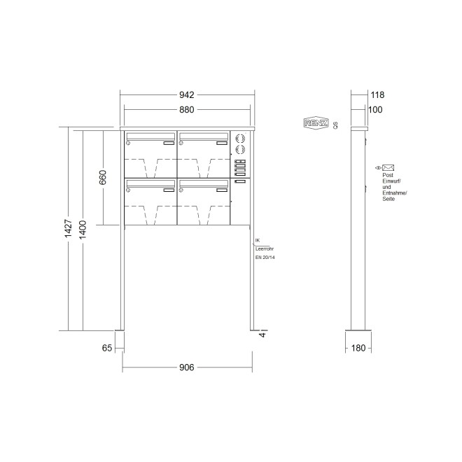 Briefkastenanlage freistehend Renz Tetro 1-6 fach, Sprech - Klingel: mit Sprech Klingel, Montageart: zum Aufschrauben, Kastengröße: 370 x 330 x 100mm ( 12 Liter ), Teilnehmer: 4 Teilnehmer, Anlagenfarbe: Edelstahl V4A