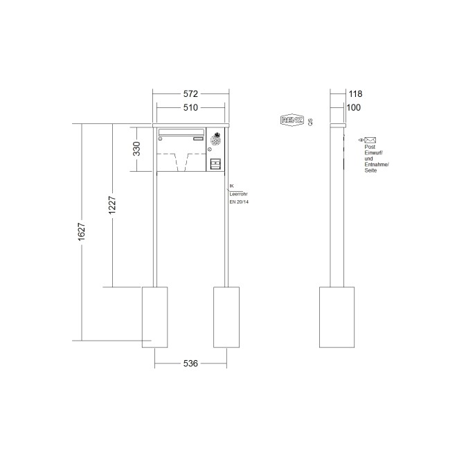 Briefkastenanlage freistehend Renz Tetro 1-6 fach, Sprech - Klingel: mit Sprech Klingel, Montageart: zum Einbetonieren, Kastengröße: 370 x 330 x 100mm ( 12 Liter ), Teilnehmer: 1 Teilnehmer, Anlagenfarbe: Standard Farben