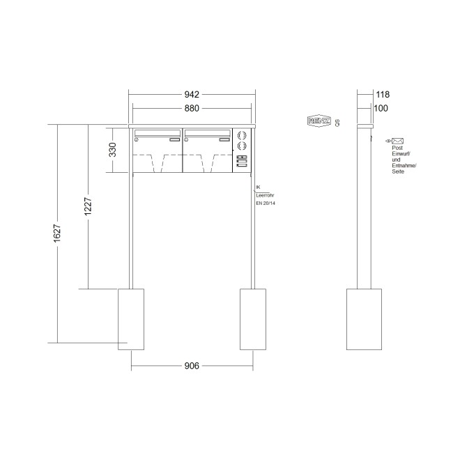 Briefkastenanlage freistehend Renz Tetro 1-6 fach, Sprech - Klingel: mit Sprech Klingel, Montageart: zum Einbetonieren, Kastengröße: 370 x 330 x 100mm ( 12 Liter ), Teilnehmer: 2 Teilnehmer, Anlagenfarbe: Edelstahl V4A