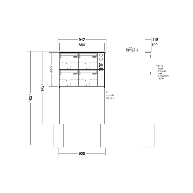Briefkastenanlage freistehend Renz Tetro 1-6 fach, Sprech - Klingel: mit Sprech Klingel, Montageart: zum Einbetonieren, Kastengröße: 370 x 330 x 100mm ( 12 Liter ), Teilnehmer: 4 Teilnehmer, Anlagenfarbe: Edelstahl V4A