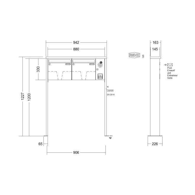 Briefkastenanlage freistehend Renz Tetro 1-6 fach, Sprech - Klingel: mit Sprech Klingel, Montageart: zum Aufschrauben, Kastengröße: 370 x 330 x 145mm ( 17 Liter ), Teilnehmer: 2 Teilnehmer, Anlagenfarbe: Standard Farben