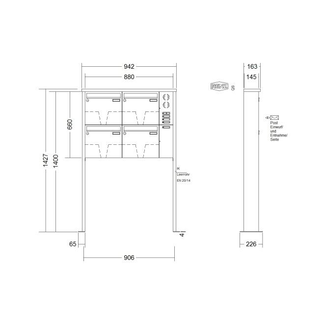 Briefkastenanlage freistehend Renz Tetro 1-6 fach, Sprech - Klingel: mit Sprech Klingel, Montageart: zum Aufschrauben, Kastengröße: 370 x 330 x 145mm ( 17 Liter ), Teilnehmer: 4 Teilnehmer, Anlagenfarbe: Edelstahl V4A