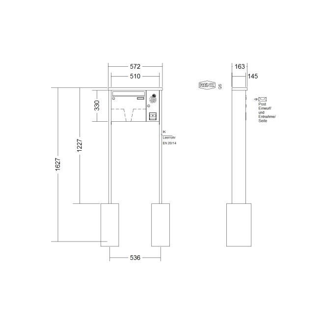 Briefkastenanlage freistehend Renz Tetro 1-6 fach, Sprech - Klingel: mit Sprech Klingel, Montageart: zum Einbetonieren, Kastengröße: 370 x 330 x 145mm ( 17 Liter ), Teilnehmer: 1 Teilnehmer, Anlagenfarbe: Standard Farben
