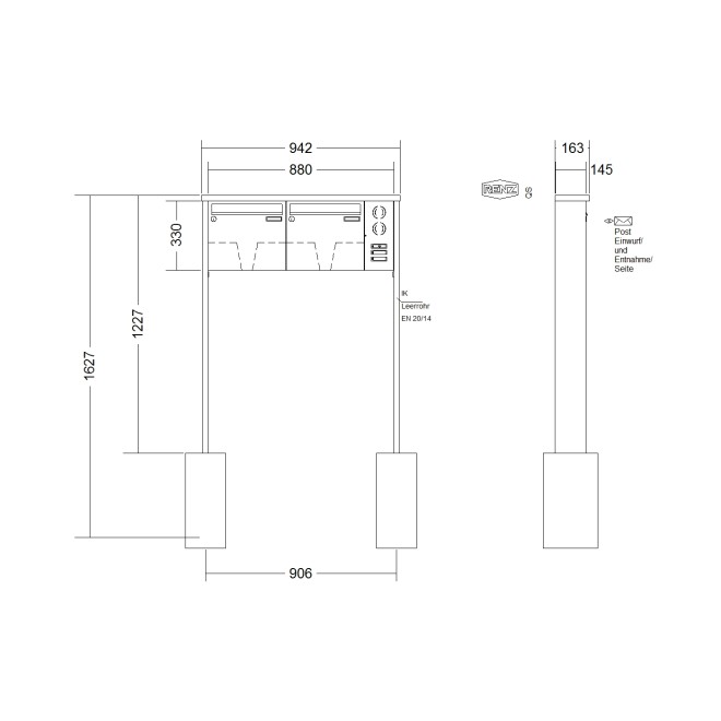 Briefkastenanlage freistehend Renz Tetro 1-6 fach, Sprech - Klingel: mit Sprech Klingel, Montageart: zum Einbetonieren, Kastengröße: 370 x 330 x 145mm ( 17 Liter ), Teilnehmer: 2 Teilnehmer, Anlagenfarbe: Edelstahl V4A