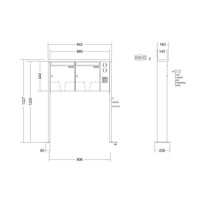 Briefkastenanlage freistehend Renz Tetro 1-6 fach, Sprech - Klingel: mit Sprech Klingel, Montageart: zum Aufschrauben, Kastengröße: 370 x 440 x 145mm ( 23 Liter ), Teilnehmer: 2 Teilnehmer, Anlagenfarbe: Edelstahl V4A