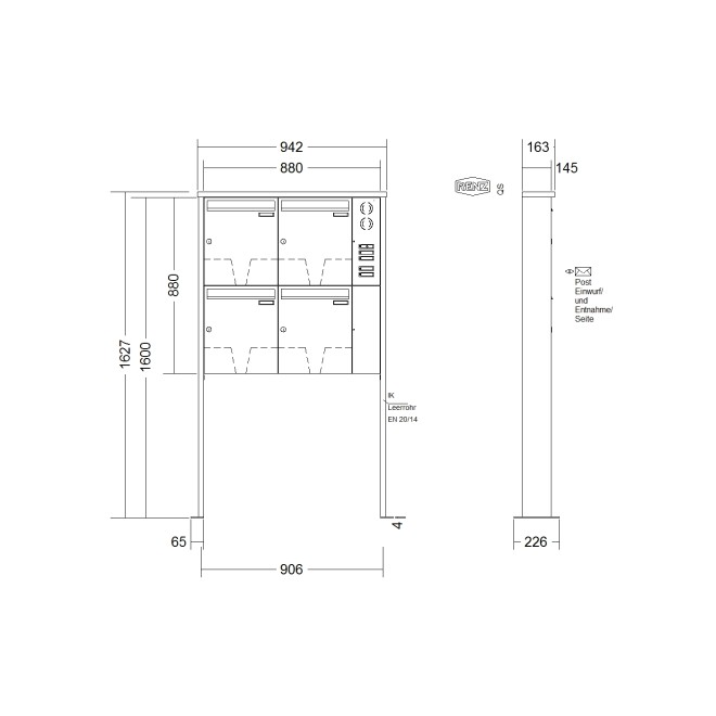 Briefkastenanlage freistehend Renz Tetro 1-6 fach, Sprech - Klingel: mit Sprech Klingel, Montageart: zum Aufschrauben, Kastengröße: 370 x 440 x 145mm ( 23 Liter ), Teilnehmer: 4 Teilnehmer, Anlagenfarbe: Edelstahl V4A
