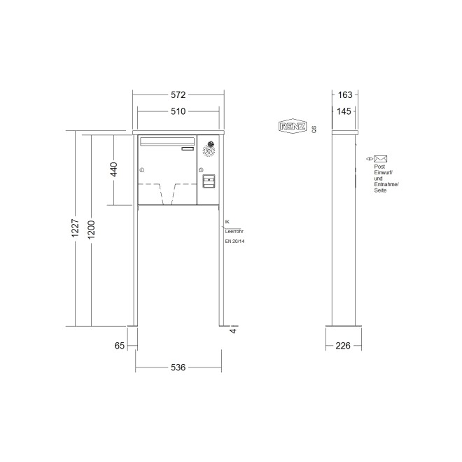 Briefkastenanlage freistehend Renz Tetro 1-6 fach, Sprech - Klingel: mit Sprech Klingel, Montageart: zum Aufschrauben, Kastengröße: 370 x 440 x 145mm ( 23 Liter ), Teilnehmer: 1 Teilnehmer, Anlagenfarbe: Standard Farben