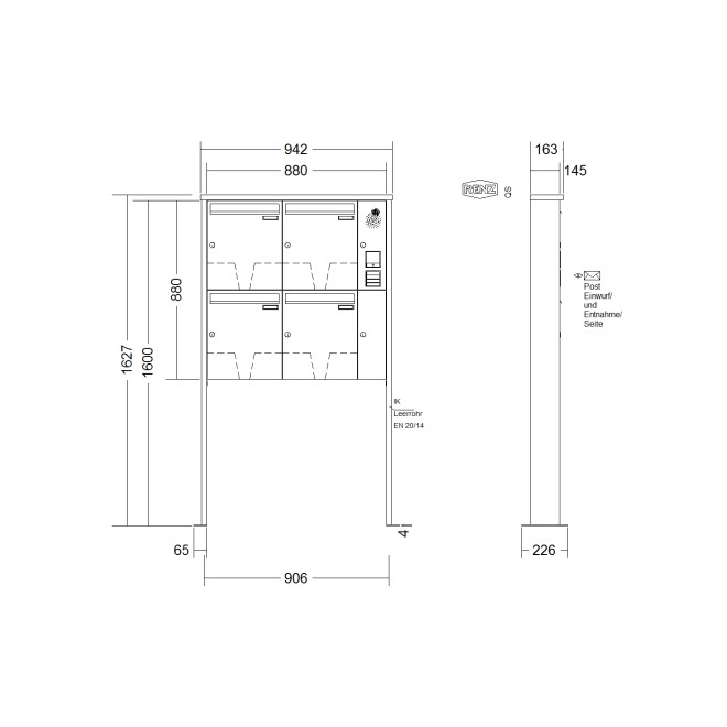 Briefkastenanlage freistehend Renz Tetro 1-6 fach, Sprech - Klingel: mit Sprech Klingel, Montageart: zum Aufschrauben, Kastengröße: 370 x 440 x 145mm ( 23 Liter ), Teilnehmer: 4 Teilnehmer, Anlagenfarbe: Standard Farben