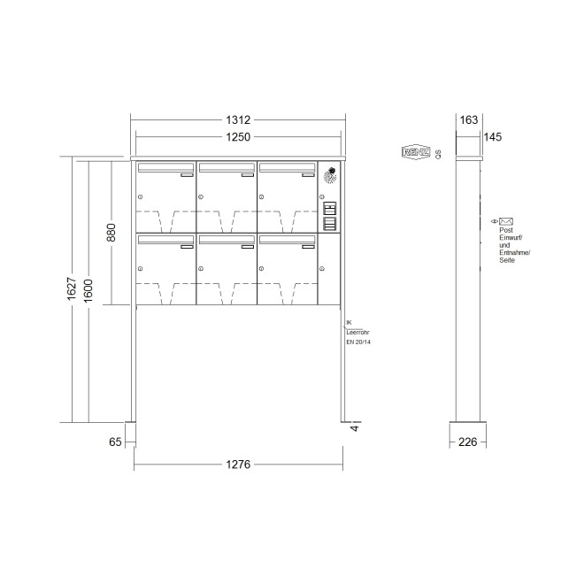 Briefkastenanlage freistehend Renz Tetro 1-6 fach, Sprech - Klingel: mit Sprech Klingel, Montageart: zum Aufschrauben, Kastengröße: 370 x 440 x 145mm ( 23 Liter ), Teilnehmer: 6 Teilnehmer, Anlagenfarbe: Standard Farben